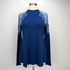 Free People NWT Daniella Embroidered Illusion Top Sz S Blue Sheer Lace Mesh Boho